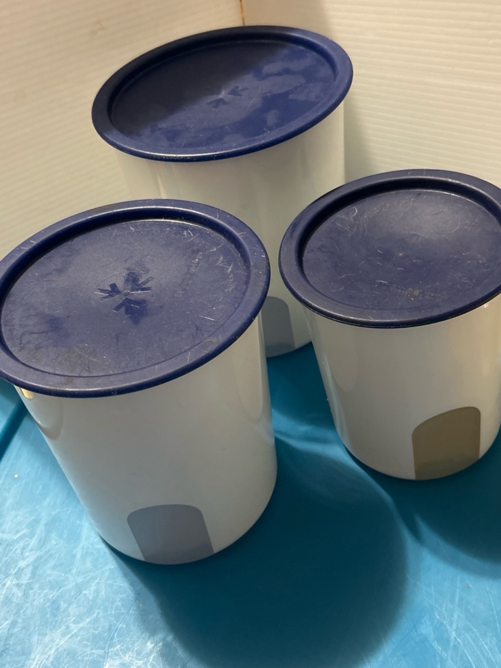 Tupperware White Canisters with Blue Lids